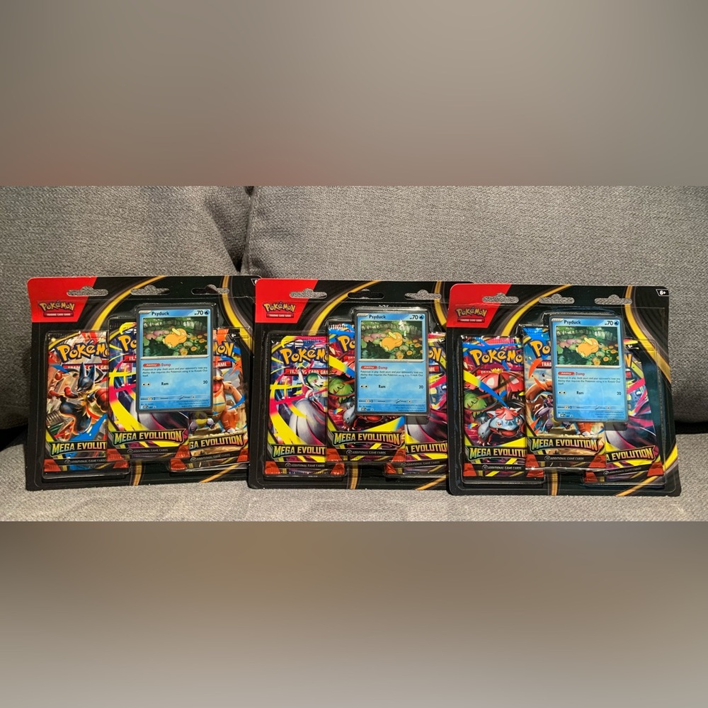LOT OF 3 Pokémon TCG Mega Evolution 3-Pack Blister – Psyduck Promo Sealed Cards